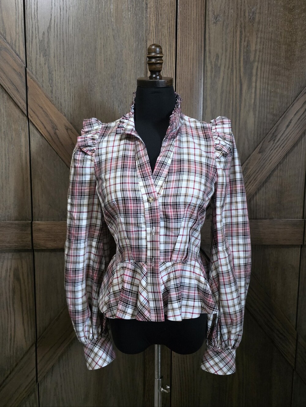 NWT Petersyn Dean Pink and White Plaid Peplum Button-Down Top
